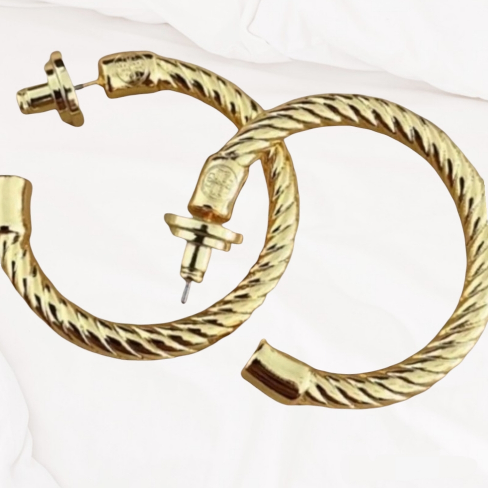 Tory Burch Gold Ribbed Hoop Earrings - Picture 2 of 8